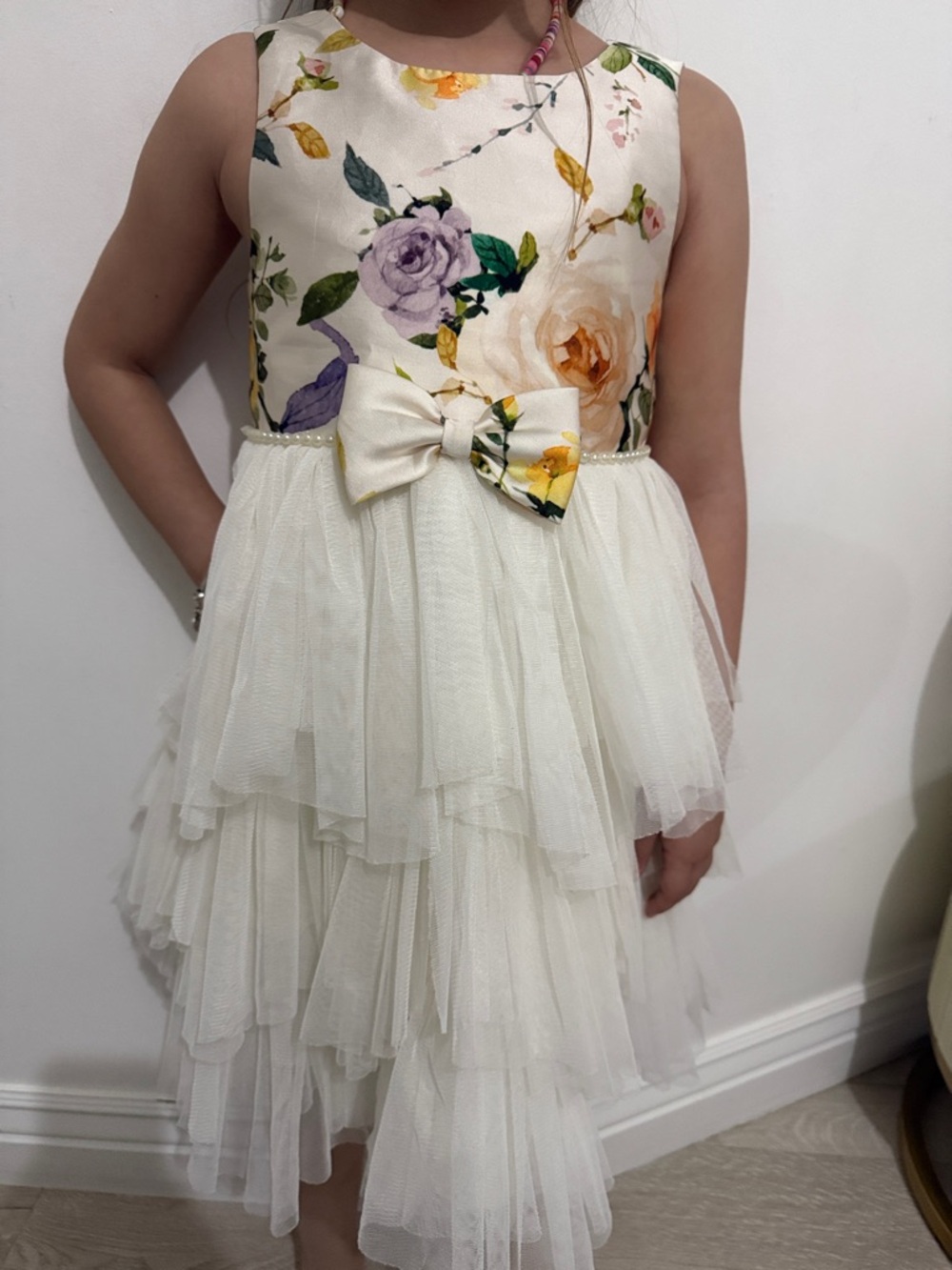 American Princess Cream Floral Tulle Party Dress with Bow